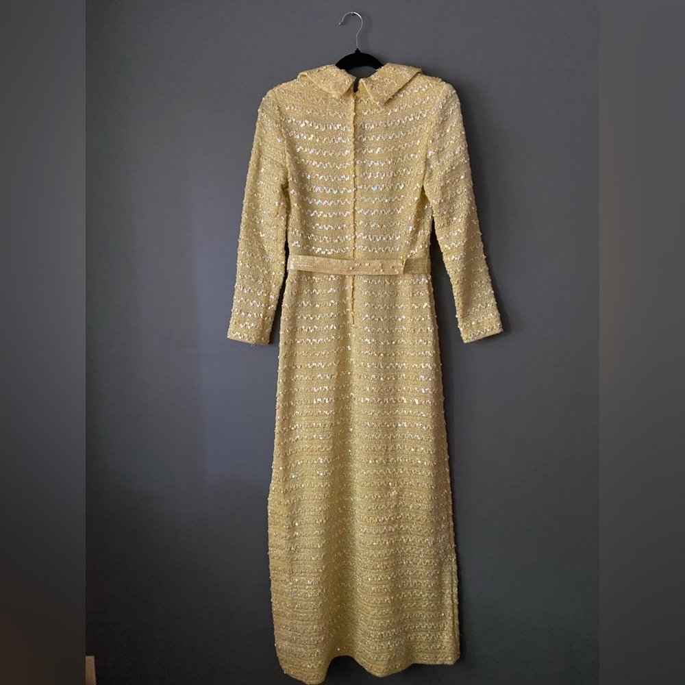 SOLD Vintage 1960s Yellow Sequin Knit Dress with Belt and Scarf - Picture 5 of 11